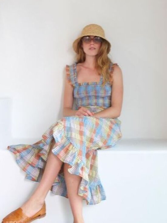 🌈NWT GANNI Multi-Color Seersucker Check Smocked Long Dress Size EU 38, 40 $285 - Picture 4 of 16